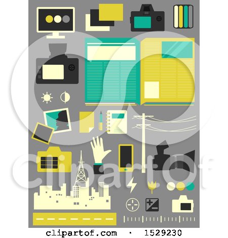 Clipart of Camera, City and Road Journalisim Icons, on a Gray Background - Royalty Free Vector Illustration by BNP Design Studio