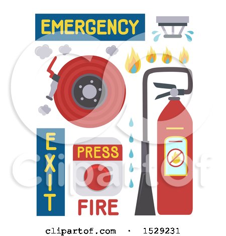 Clipart of a Fire Alarm, Fire Extinguisher, Fire Hose and Sprinkler - Royalty Free Vector Illustration by BNP Design Studio