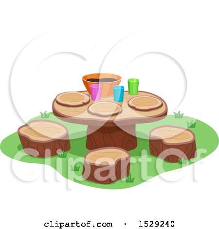 Clipart of a Bowl of Mud on a Wood Table and Stools - Royalty Free Vector Illustration by BNP Design Studio