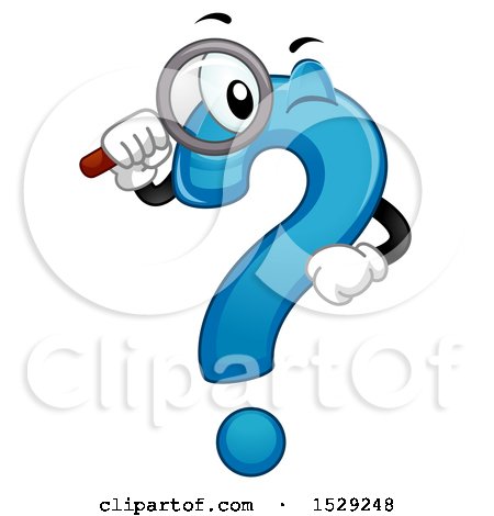 Clipart of a Blue Question Mark Character Using a Magnifying Glass - Royalty Free Vector Illustration by BNP Design Studio