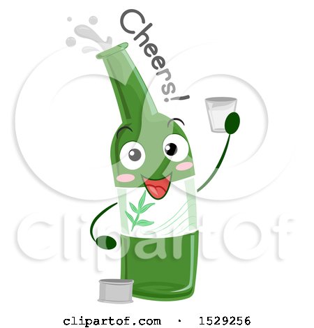Clipart of a Soju Bottle Character Holding a Shot Glass and Saying Cheers - Royalty Free Vector Illustration by BNP Design Studio