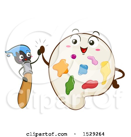 Clipart of Paintbrush and Palette Characters Giving a High Five - Royalty Free Vector Illustration by BNP Design Studio