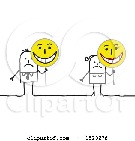 Clipart of an Unhappy Stick Couple Holding Happy Signs - Royalty Free Vector Illustration by NL shop