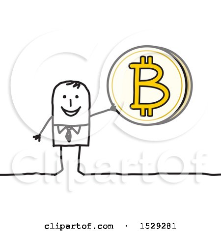 Clipart of a Stick Business Man Holding up a Bitcoin - Royalty Free Vector Illustration by NL shop