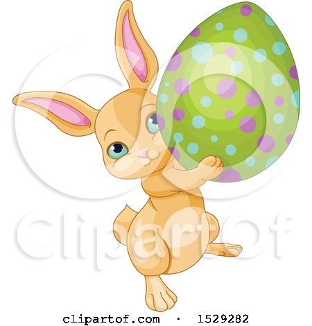 Clipart of a Cute Beige Easter Bunny Rabbit Carrying an Egg - Royalty Free Vector Illustration by Pushkin