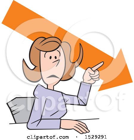 Clipart of a Cartoon Business Woman Making a Point, Downward Trend - Royalty Free Vector Illustration by Johnny Sajem