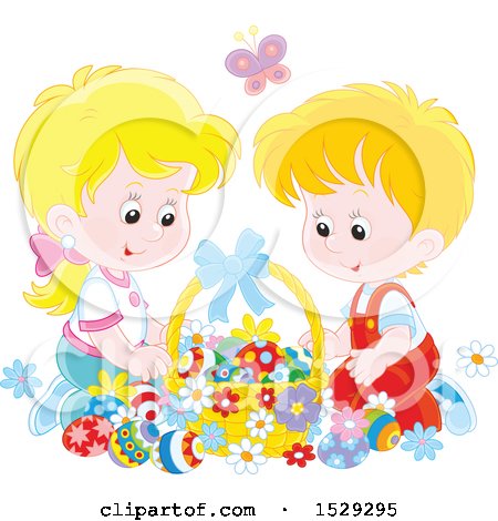 Clipart of a Happy White Boy and Girl with an Easter Basket - Royalty Free Vector Illustration by Alex Bannykh