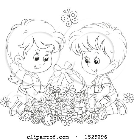 Clipart of a Black and White Happy Boy and Girl with an Easter Basket - Royalty Free Vector Illustration by Alex Bannykh