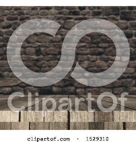 Clipart of a 3d Wooden Surface Against a Blurred Brick Wall - Royalty Free Illustration by KJ Pargeter