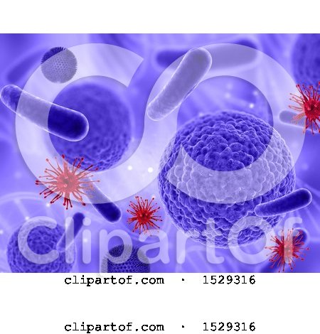 Clipart of a Background of Red and Purple Cells and Viruses over Dna Strands - Royalty Free Illustration by KJ Pargeter