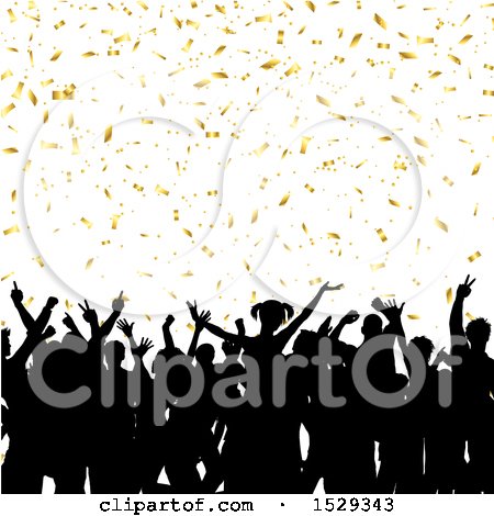 Clipart of a Silhouetted Crowd of People in an Audience, with Gold Confetti - Royalty Free Vector Illustration by KJ Pargeter