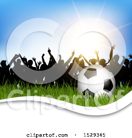 Clipart of a Silhouetted Crowd of Soccer Fans with a Ball in Grass and White Wave - Royalty Free Vector Illustration by KJ Pargeter