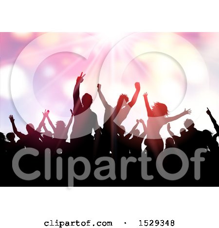 Clipart of a Silhouetted Crowd of People in an Audience, with Flares - Royalty Free Vector Illustration by KJ Pargeter