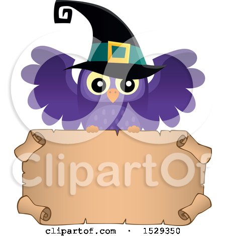 Clipart of a Blank Parchment Scroll with a Halloween Witch Owl - Royalty Free Vector Illustration by visekart