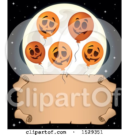 Clipart of a Blank Parchment Scroll with Halloween Balloons and a Full Moon - Royalty Free Vector Illustration by visekart