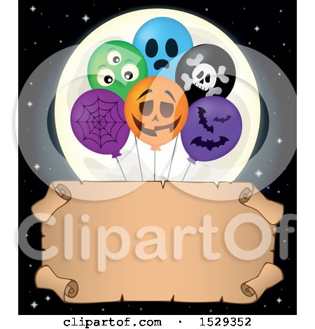 Clipart of a Blank Parchment Scroll with Halloween Balloons and a Full Moon - Royalty Free Vector Illustration by visekart