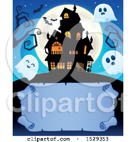 Clipart of a Blank Parchment Scroll with a Halloween Haunted House and Ghosts - Royalty Free Vector Illustration by visekart