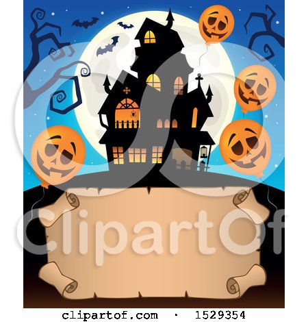 Clipart of a Blank Parchment Scroll with a Halloween Haunted House and Balloons - Royalty Free Vector Illustration by visekart