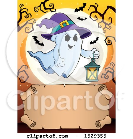 Clipart of a Blank Parchment Scroll with a Halloween Witch Ghost - Royalty Free Vector Illustration by visekart