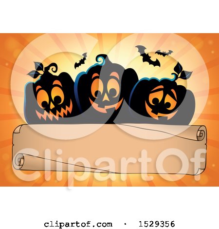 Clipart of a Blank Parchment Scroll with Black Halloween Jackolantern Pumpkins over Orange Rays - Royalty Free Vector Illustration by visekart