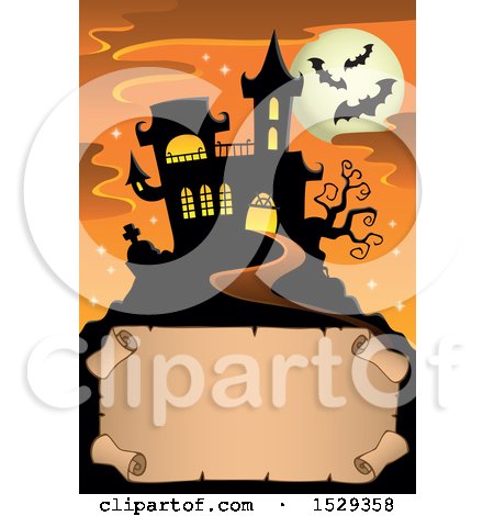 Clipart of a Blank Parchment Scroll with a Halloween Haunted House - Royalty Free Vector Illustration by visekart