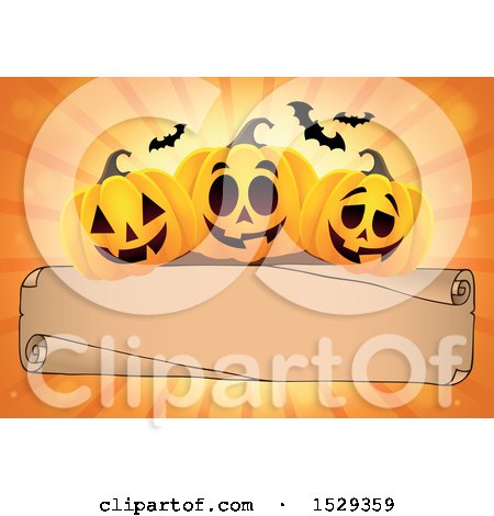 Clipart of a Blank Parchment Scroll with Halloween Jackolantern Pumpkins over Orange Rays - Royalty Free Vector Illustration by visekart