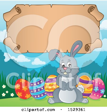 Clipart of a Gray Easter Bunny Rabbit with a Blank Parchment Scroll - Royalty Free Vector Illustration by visekart