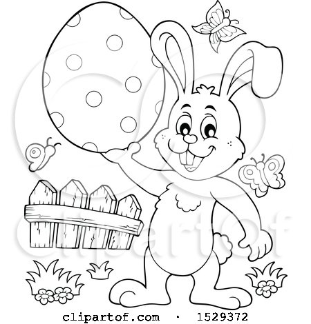 Clipart of a Black and White Bunny Rabbit Holding an Easter Egg - Royalty Free Vector Illustration by visekart