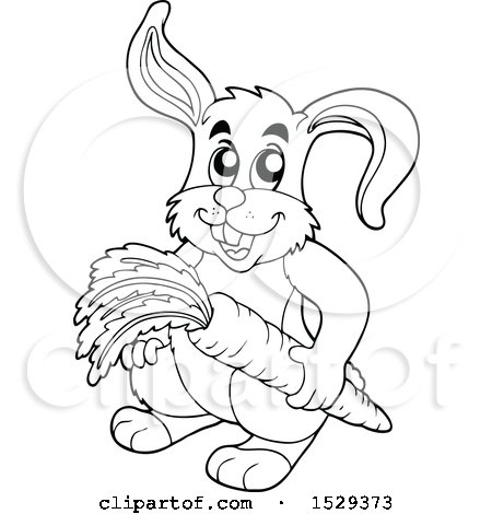 Clipart of a Black and White Bunny Rabbit Holding a Carrot - Royalty Free Vector Illustration by visekart