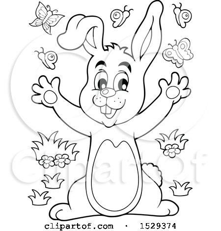 Clipart of a Black and White Bunny Rabbit with Butterflies - Royalty Free Vector Illustration by visekart