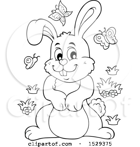 Clipart of a Black and White Bunny Rabbit with Butterflies - Royalty Free Vector Illustration by visekart