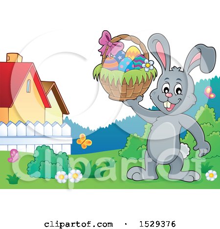 Clipart of a Gray Bunny Rabbit Holding an Easter Basket - Royalty Free Vector Illustration by visekart