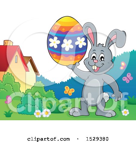 Clipart of a Gray Bunny Rabbit Holding an Easter Egg - Royalty Free Vector Illustration by visekart