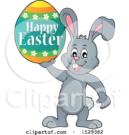 Clipart of a Gray Bunny Rabbit Holding a Happy Easter Egg - Royalty Free Vector Illustration by visekart