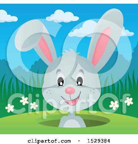 Clipart of a Gray Bunny Rabbit Emerging from a Hole - Royalty Free Vector Illustration by visekart