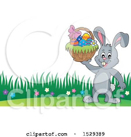 Clipart of a Gray Bunny Rabbit Holding an Easter Basket - Royalty Free Vector Illustration by visekart