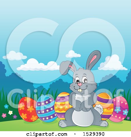 Clipart of a Gray Bunny Rabbit with Easter Eggs - Royalty Free Vector Illustration by visekart