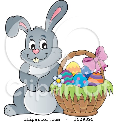 Clipart of a Gray Bunny Rabbit with an Easter Basket - Royalty Free Vector Illustration by visekart
