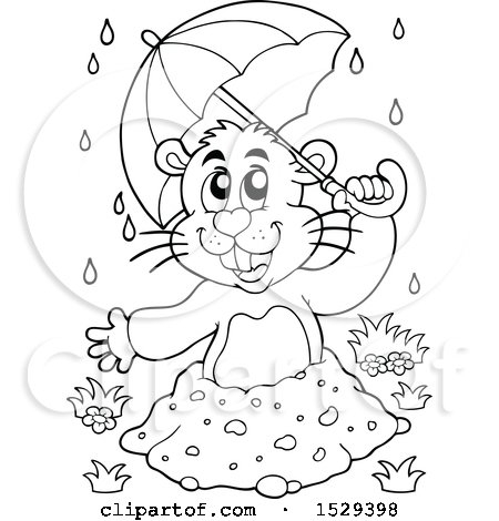 Clipart of a Black and White Groundhog Holding an Umbrella - Royalty Free Vector Illustration by visekart