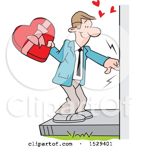 Clipart of a Caucasian Man Ringing a Doorbell and Holding a Valentines Day Box of Candy - Royalty Free Vector Illustration by Johnny Sajem