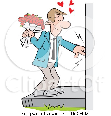 Clipart of a Caucasian Man Ringing a Doorbell and Holding a Boquet of Roses - Royalty Free Vector Illustration by Johnny Sajem