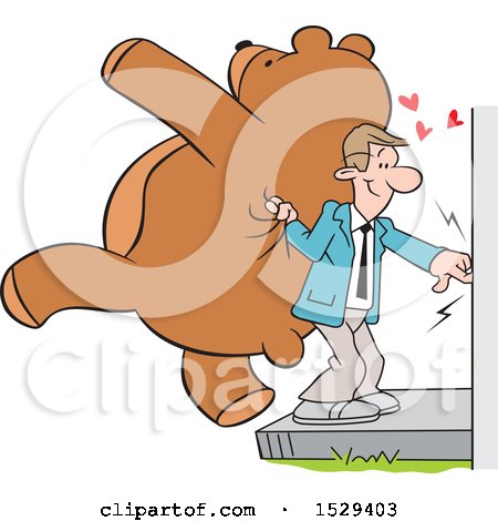 Clipart of a Caucasian Man Ringing a Doorbell and Holding a Giant Teddy Bear - Royalty Free Vector Illustration by Johnny Sajem