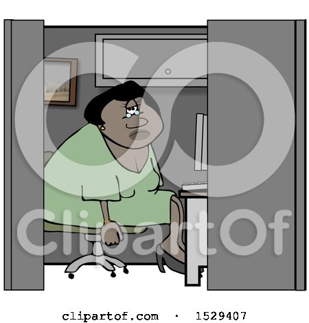Clipart of a Depressed Black Business Woman Working in an Office Cubicle - Royalty Free Illustration by djart