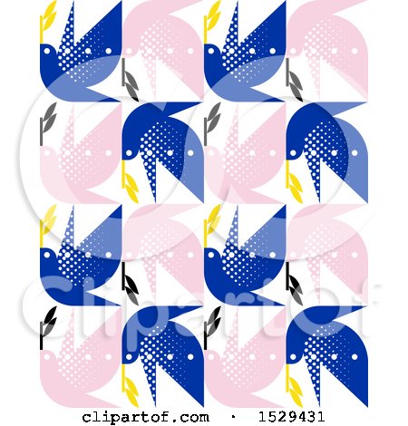 Clipart of a Seamless Pattern Background of Blue and Pink Doves - Royalty Free Vector Illustration by elena