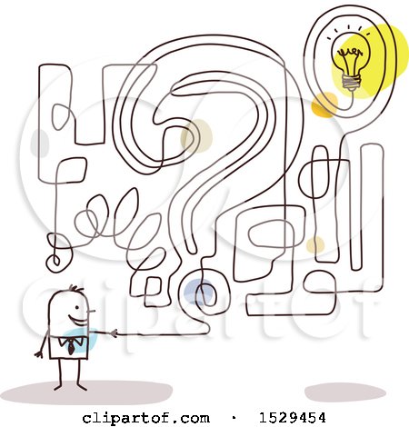 Clipart of a Stick Business Man with a Question and Idea Labyrinth Maze - Royalty Free Vector Illustration by NL shop