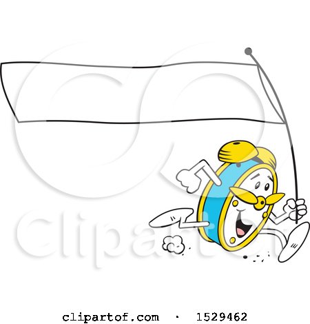 Clipart of a Cartoon Happy Alarm Clock Running with a Blank Banner - Royalty Free Vector Illustration by Johnny Sajem