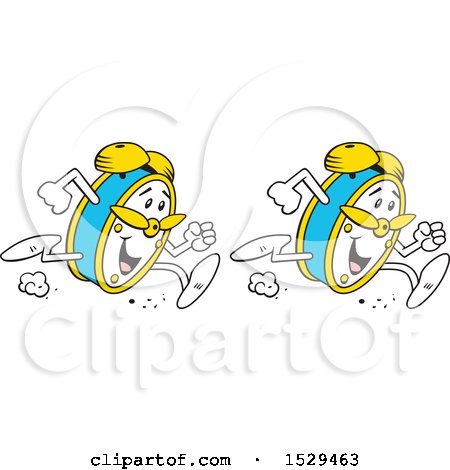Clipart of Cartoon Happy Alarm Clocks Running, Double Time - Royalty Free Vector Illustration by Johnny Sajem