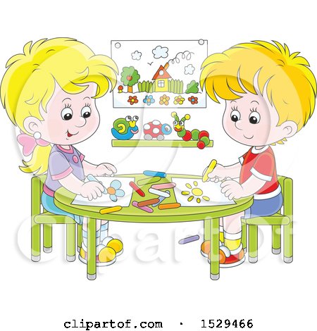 Clipart of a Cartoon Caucasian Boy and Girl Coloring Pictures at a Table - Royalty Free Vector Illustration by Alex Bannykh