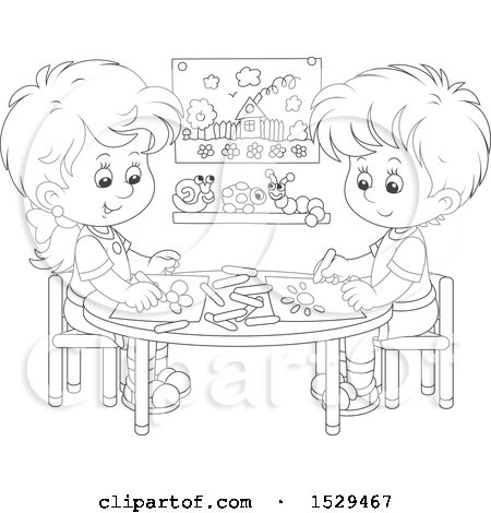 Clipart of a Black and White Boy and Girl Coloring Pictures at a Table - Royalty Free Vector Illustration by Alex Bannykh