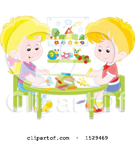 Clipart of a Happy White Boy and Girl Coloring Pictures at a Table - Royalty Free Vector Illustration by Alex Bannykh
